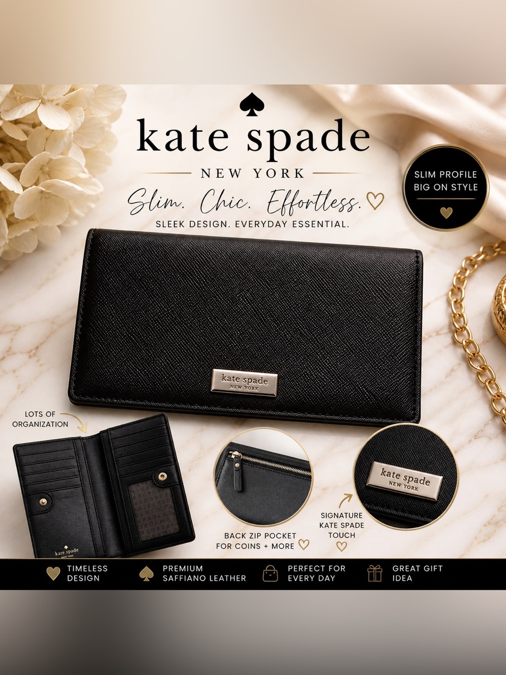 Kate Spade New York Slim Wallet Black Saffiano Leather Card Holder Zip Pocket